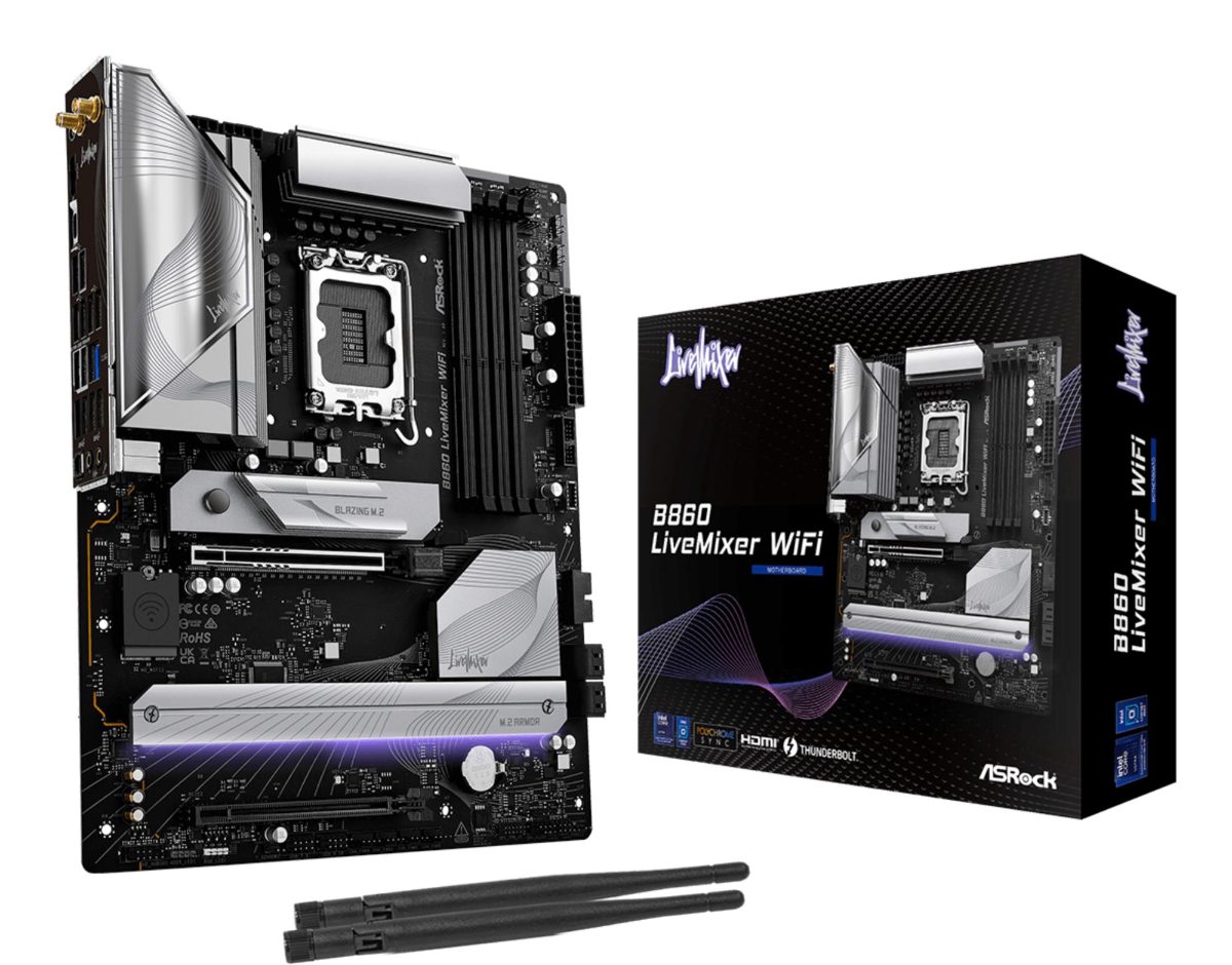 Mainboard, ASROCK, Intel B860 Express, LGA1851, ATX, Memory DDR5, Memory slots 4, 1xPCI-Express 4.0 16x, 1xPCI-Express 5.0 16x, 1xM.2, 1xHDMI, 1xAudio-Out, 1xMicrophone, 6xUSB 2.0, 6xUSB 3.2, 1xUSB-C w/Thunderbolt, 1xOptical S/PDIF, 1xRJ45, B860LIVEMIXERWIFI
