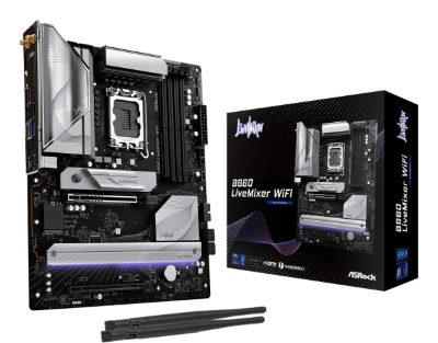 Mainboard, ASROCK, Intel B860 Express, LGA1851, ATX, Memory DDR5, Memory slots 4, 1xPCI-Express 4.0 16x, 1xPCI-Express 5.0 16x, 1xM.2, 1xHDMI, 1xAudio-Out, 1xMicrophone, 6xUSB 2.0, 6xUSB 3.2, 1xUSB-C w/Thunderbolt, 1xOptical S/PDIF, 1xRJ45, B860LIVEMIXERWIFI