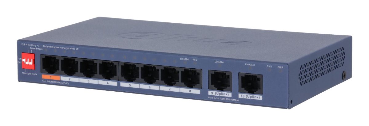 Switch, DAHUA, DH-CS4010-8ET2GT-60, Switch layer L2, 8xRJ-45 ports, RJ-45 Ports Type Fast Ethernet (10/100), 2xGigabit Ethernet (copper) ports quantity, 8xPower over Ethernet (PoE) ports quantity, Total Power over Ethernet (PoE) budget 60 W, CS4010-8ET2GT-60