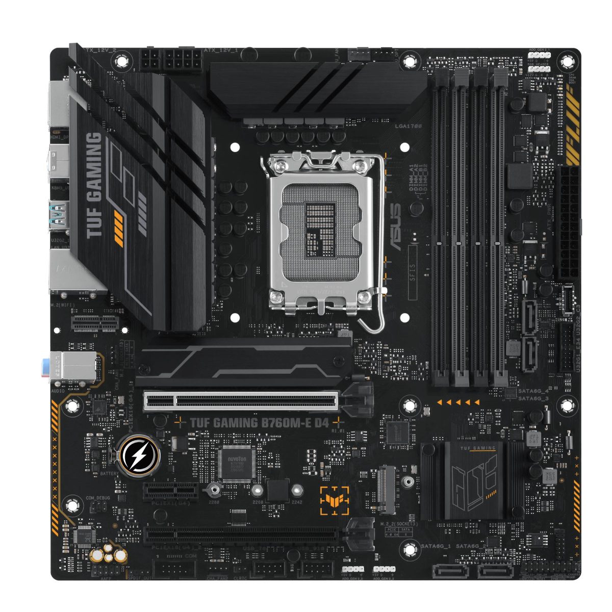 Mainboard, ASUS, Intel B760 Express, LGA1700, Micro-ATX, Memory DDR4, Memory slots 4, 1xPCI-Express 4.0 1x, 2xPCI-Express 4.0 16x, 2xM.2, 1xHDMI, 1xDisplayPort, 2xUSB 2.0, 4xUSB 3.2, 1xPS/2, 1xRJ45, 3xAudio port, TUFGAMINGB760M-ED4