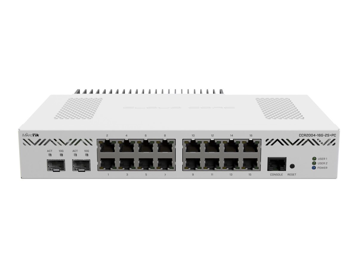 Mikrotik CCR2004-16G-2S+PC, MikroTik, Ethernet Router, CCR2004-16G-2S+PC, 10/100/1000 Mbit/s, Mesh Support No, MU-MiMO No, No mobile broadband