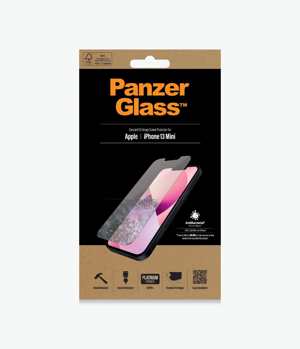 Clear Screen Protector, Apple, iPhone 13 Mini, Tempered glass, Antibacterial glass; Resistant to scratches and bacteria; Shock absorbing; Easy to install