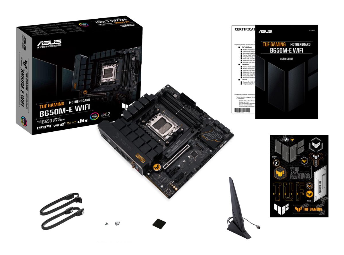 Mainboard, ASUS, AMD B650, SAM5, Micro-ATX, Memory DDR5, Memory slots 4, 2xPCI-Express 4.0 1x, 1xPCI-Express 4.0 16x, 2xM.2, 1xHDMI, 2xDisplayPort, 4xUSB 2.0, 2xUSB 3.2, 2xUSB-C, 1xRJ45, 3xAudio port, TUFGAMINGB650M-EWIFI