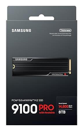 Samsung SSD, 9100 PRO With Heatsink, 8000 GB, SSD form factor M.2 2280, Solid-state drive interface PCIe 5.0 x4, NVMe 2.0, Read speed 14800 MB/s, Write speed 13400 MB/s