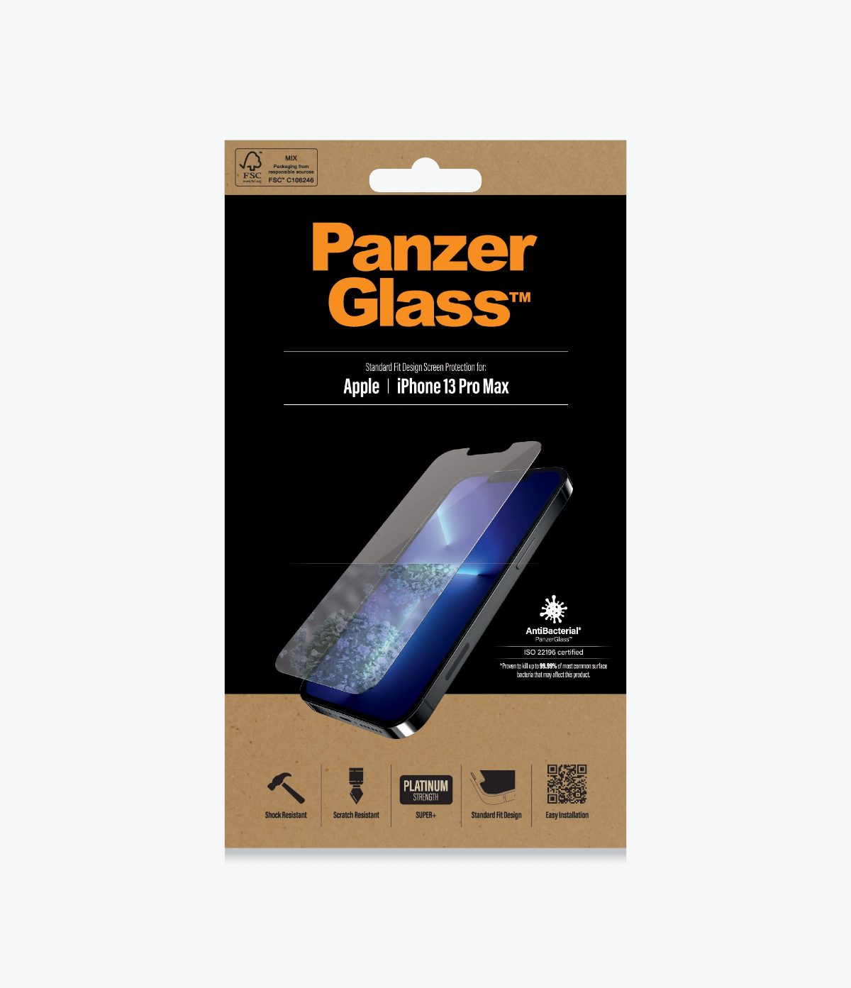 Clear Screen Protector, Apple, iPhone 13 Pro Max, Tempered glass, Antibacterial glass; Resistant to scratches and bacteria; Shock absorbing; Easy to install