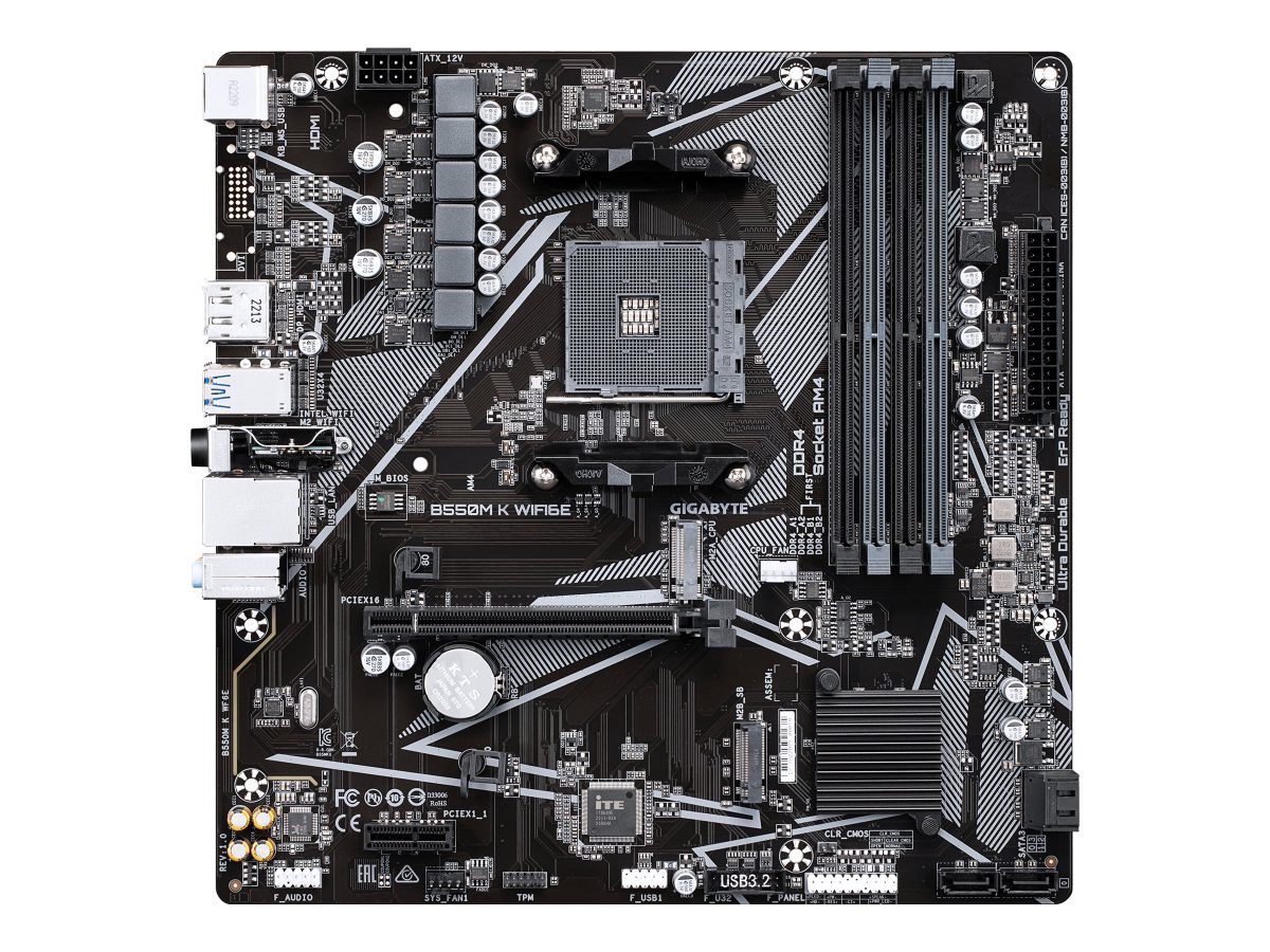Gigabyte B550M K WIFI6E, Processor family AMD, Processor socket AM4, DDR4 SDRAM, Supported hard disk drive interfaces SATA, M.2, Number of SATA connectors 4