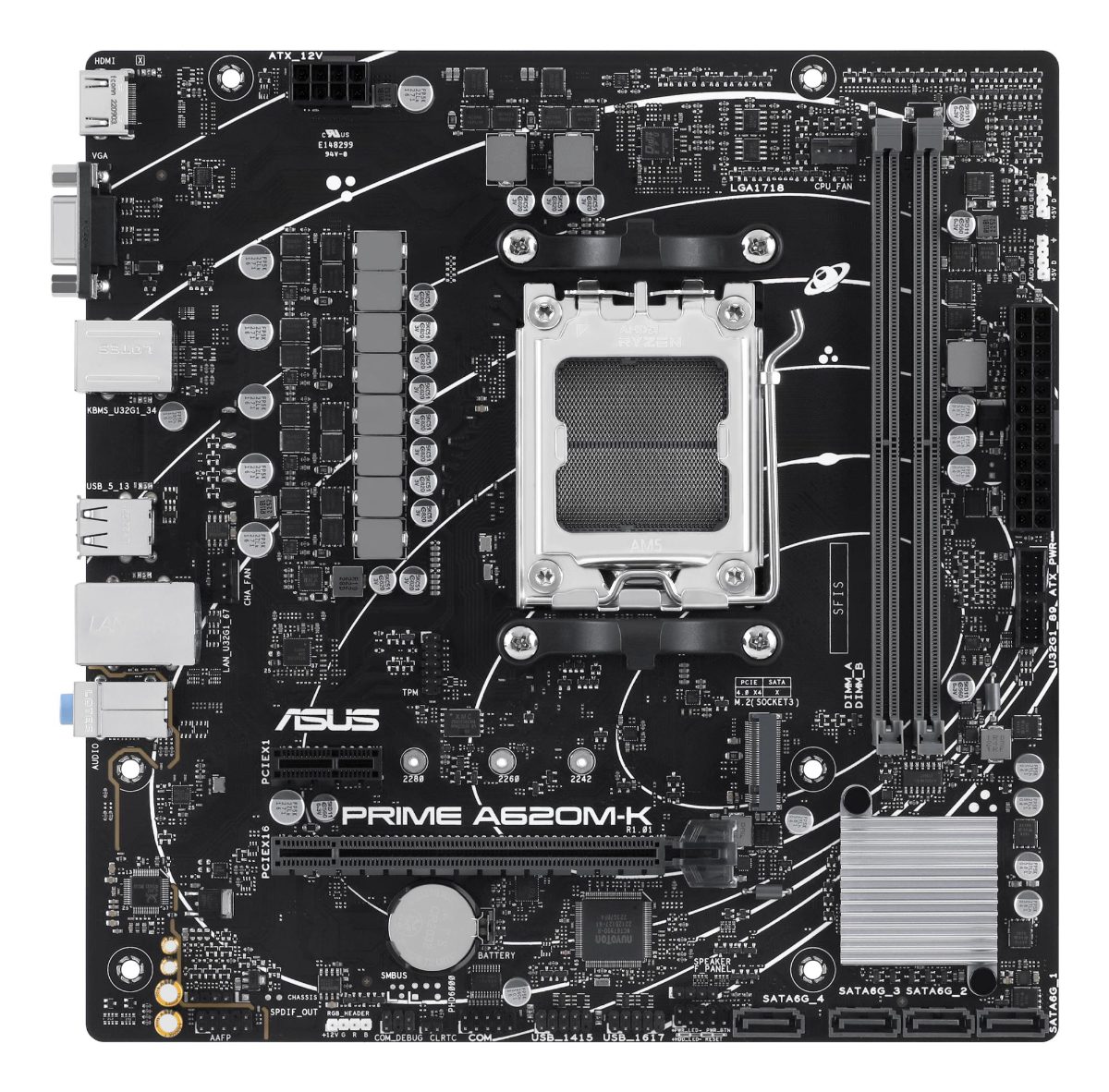 PRIME A620M-K, Processor family AMD, Processor socket AM5, DDR5 DIMM, Memory slots 2, Supported hard disk drive interfaces 	SATA, M.2, Number of SATA connectors 4, Chipset AMD A620, micro-ATX