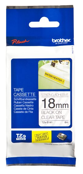 TZe-S141 Strong Adhesive Laminated Tape, Black on Clear, TZe, 8 m, 1.8 cm