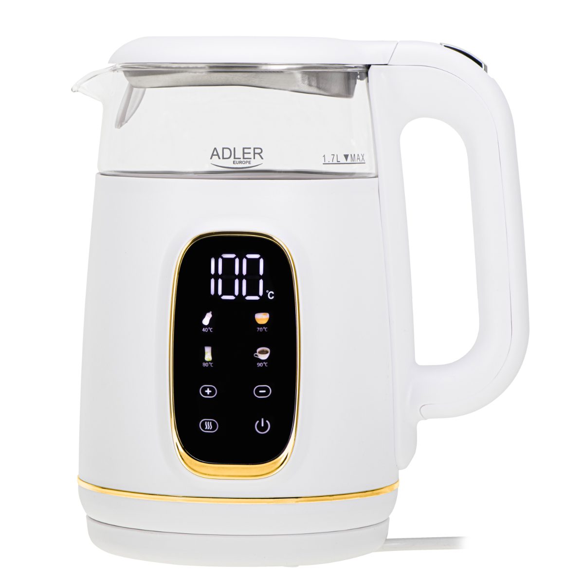 Adler Kettle with LED Display, AD 1305, Electric, 2200 W, 1.7 L, Plastic, 360° rotational base, White/Gold
