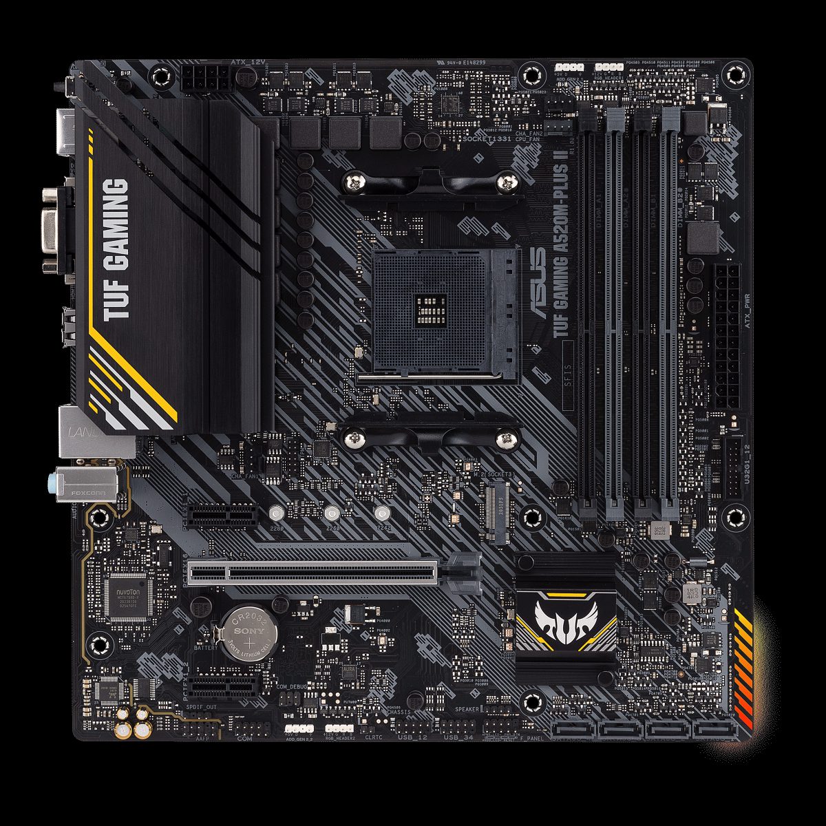 TUF GAMING A520M-PLUS II, Processor family AMD, Processor socket AM4, DDR4 DIMM, Memory slots 4, Supported hard disk drive interfaces 	SATA, M.2, Number of SATA connectors 4, Chipset  AMD A520, Micro ATX