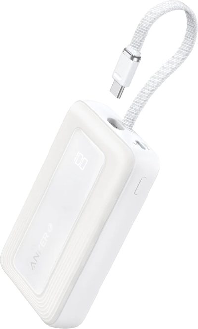 Anker Power Bank, Built-In USB-C Cable, 30W, A1688H21, 10000 mAh, White