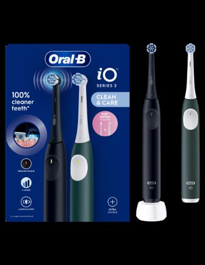 Oral-B Electric Toothbrush, Duo pack, iO2 Series, Rechargeable, For adults, Number of brush heads included 2, Number of teeth brushing modes 3, Night Black and Green Forest
