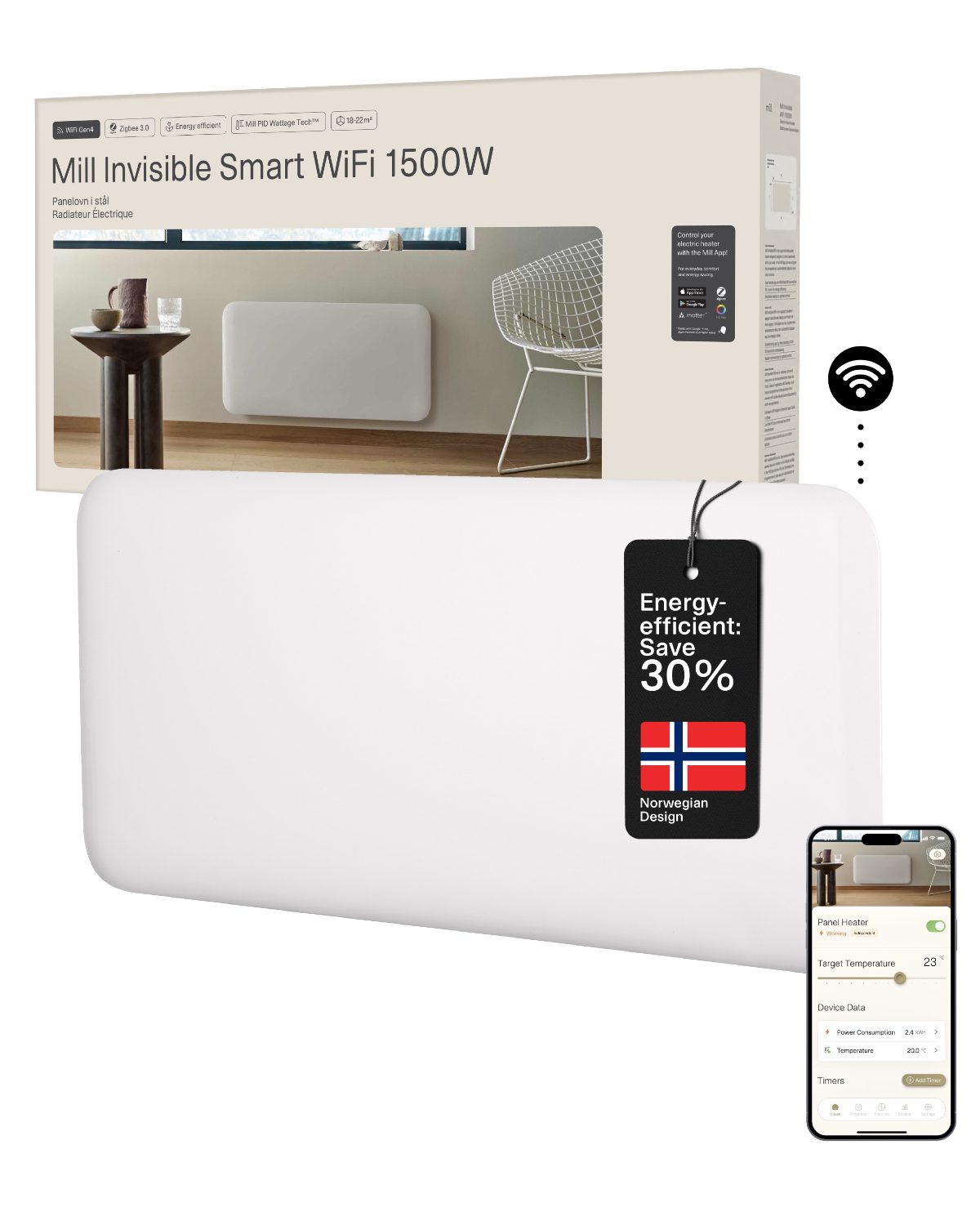 Mill Invisible Smart WiFi Heater, PA1500WIFI4, Panel Heater, 1500 W, Suitable for rooms up to 18-22 m², White, IPX4