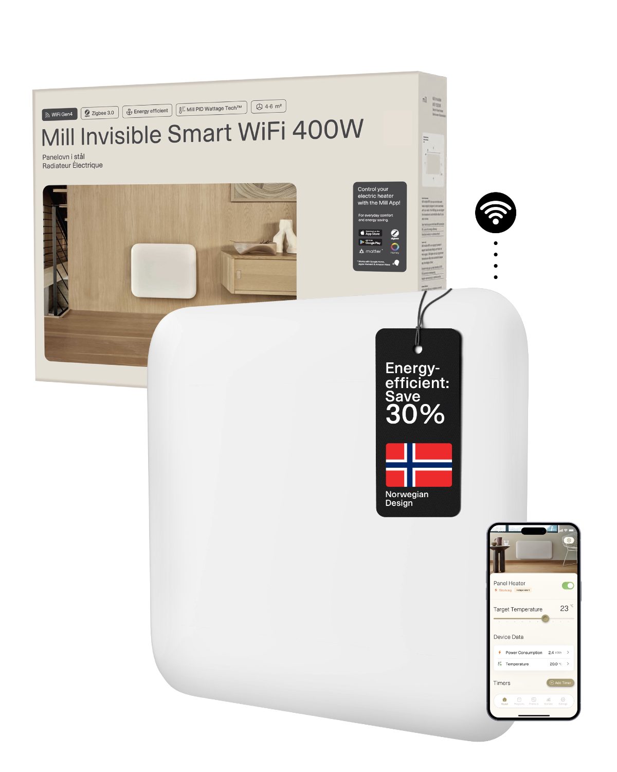 Mill Invisible Smart WiFi Heater, PA400WIFI4, Panel Heater, 400 W, Suitable for rooms up to 4-6 m², White, IPX4