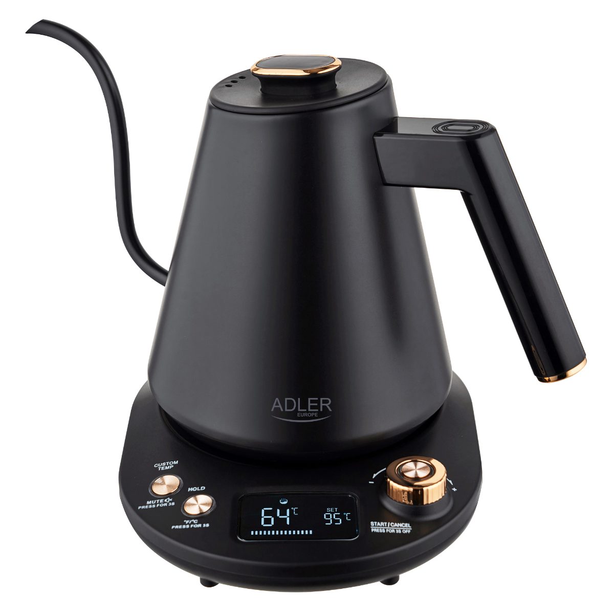 Adler Kettle, AD 1349, Electric, 1100 W, 1 L, Stainless steel, 360° rotational base, Black/Gold
