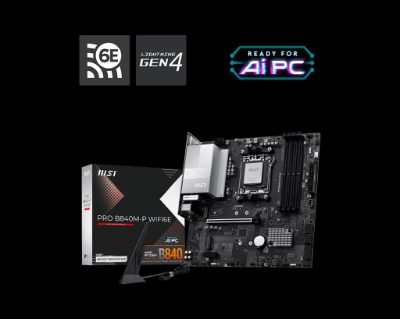 MSI PRO B840M-P WIFI6E, Processor family AMD, Processor socket AM5, DDR5, Supported hard disk drive interfaces SATA, M.2, Number of SATA connectors 4, REFURBISHED WITHOUT ORIGINAL PACKAGING AND ACCESSORIES, BACKPANEL INCLUDED