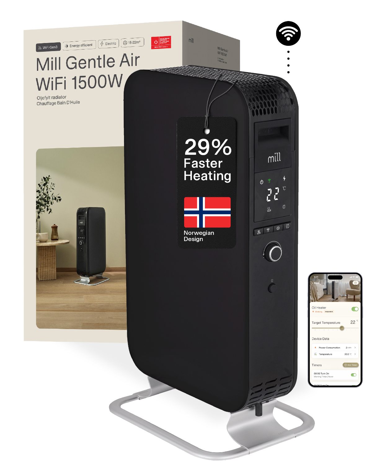 Heater, OIL1500WIFI3 Gentle Air, Oil Filled Radiator, 1500 W, Suitable for rooms up to 22 m², Black