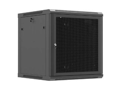 Wall mounted installation cabinet 19"12U, 600 x 600, Black perforated door (Flat pack), Lanberg WF01-6612-23B, Lockable, vented top panel, perforated front door, single-leafed, 2 slots for fan, 1 mm thickness, 4 vertical mounting rails, grounding front door and bottom panel, Black