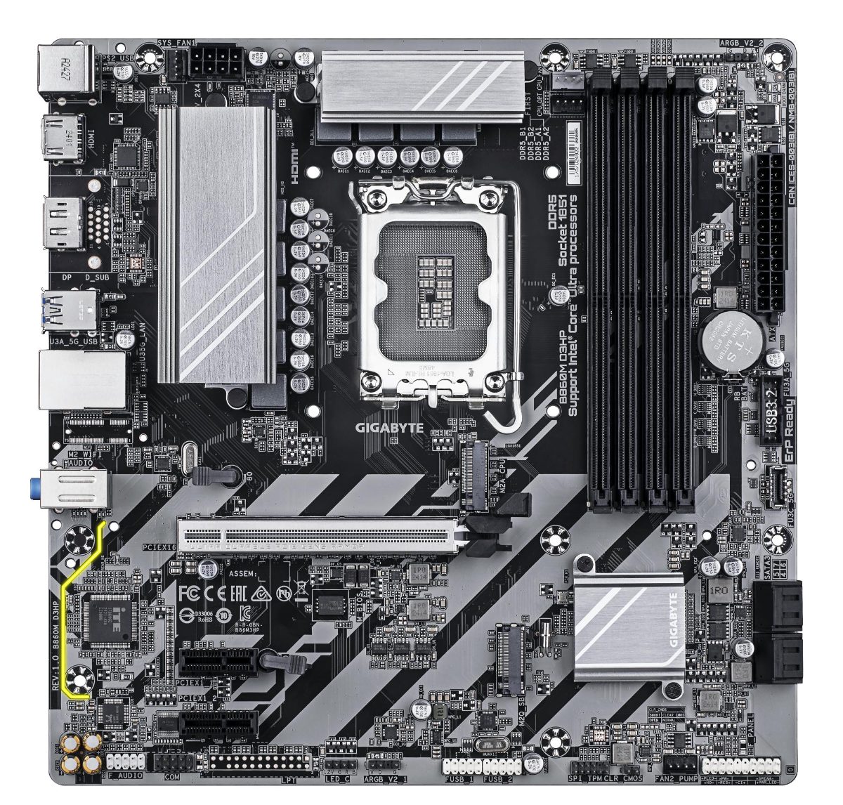Gigabyte B860M D3HP, Processor family Intel, Processor socket LGA1851, DDR5, Supported hard disk drive interfaces M.2, SATA, Number of SATA connectors 4