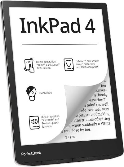 E-Reader, POCKETBOOK, InkPad 4, 7.8", 1872x1404, 1xAudio-Out, 1xUSB-C, Micro SD, Wireless LAN, Bluetooth, PB743G-U-WW
