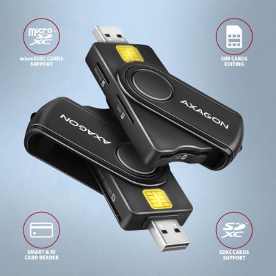 AXAGON Compact travel USB-A + USB-C contact Smart/ID card and SD/microSD/SIM card reader, CRE-SMP2A