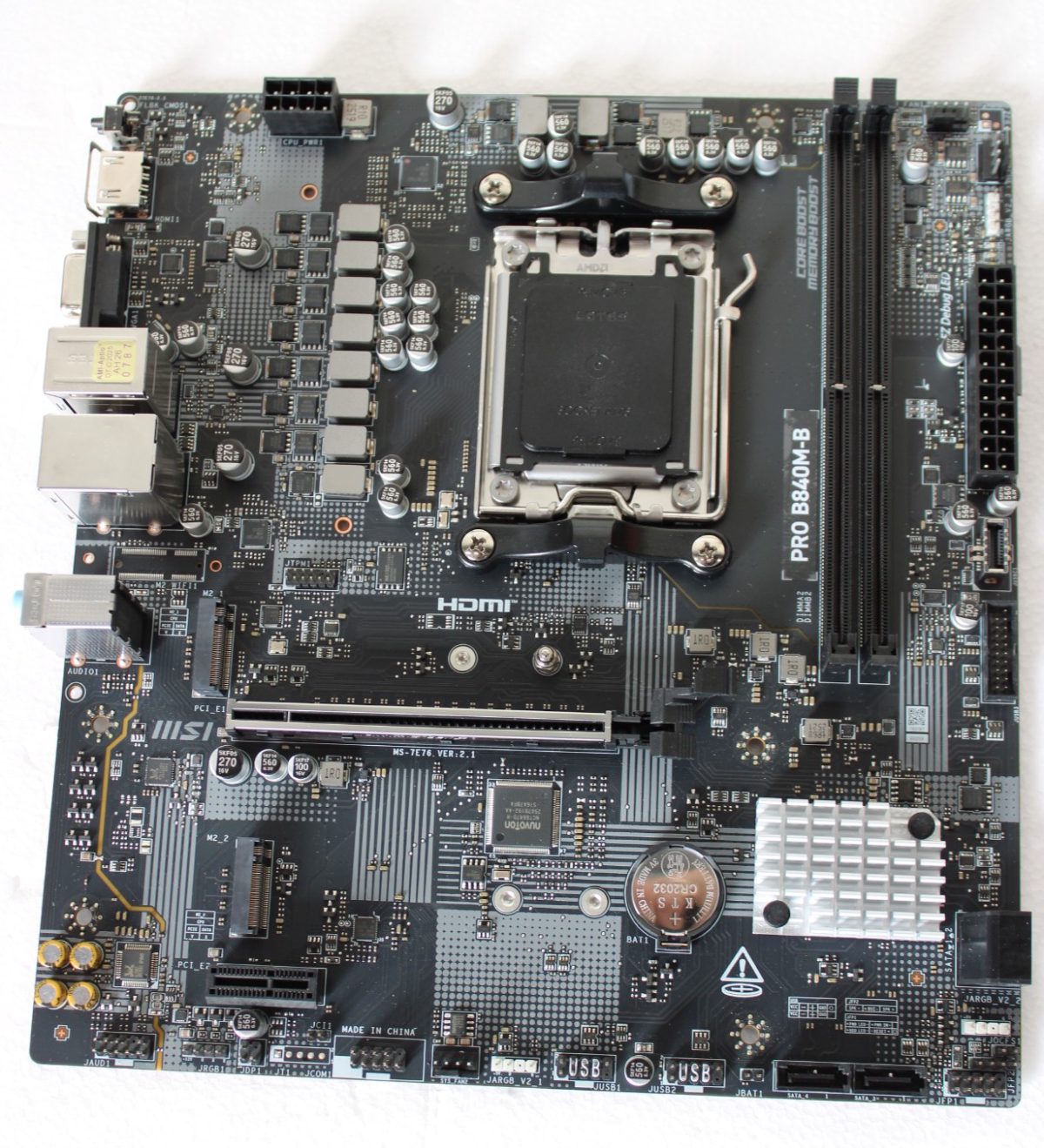 MSI PRO B840M-B, Processor family AMD, Processor socket AM5, DDR5, Supported hard disk drive interfaces M.2, SATA, Number of SATA connectors 4, USED, REFURBISHED, WITHOUT ACCESSORIES, ONLY BACK PANEL INCLUDED