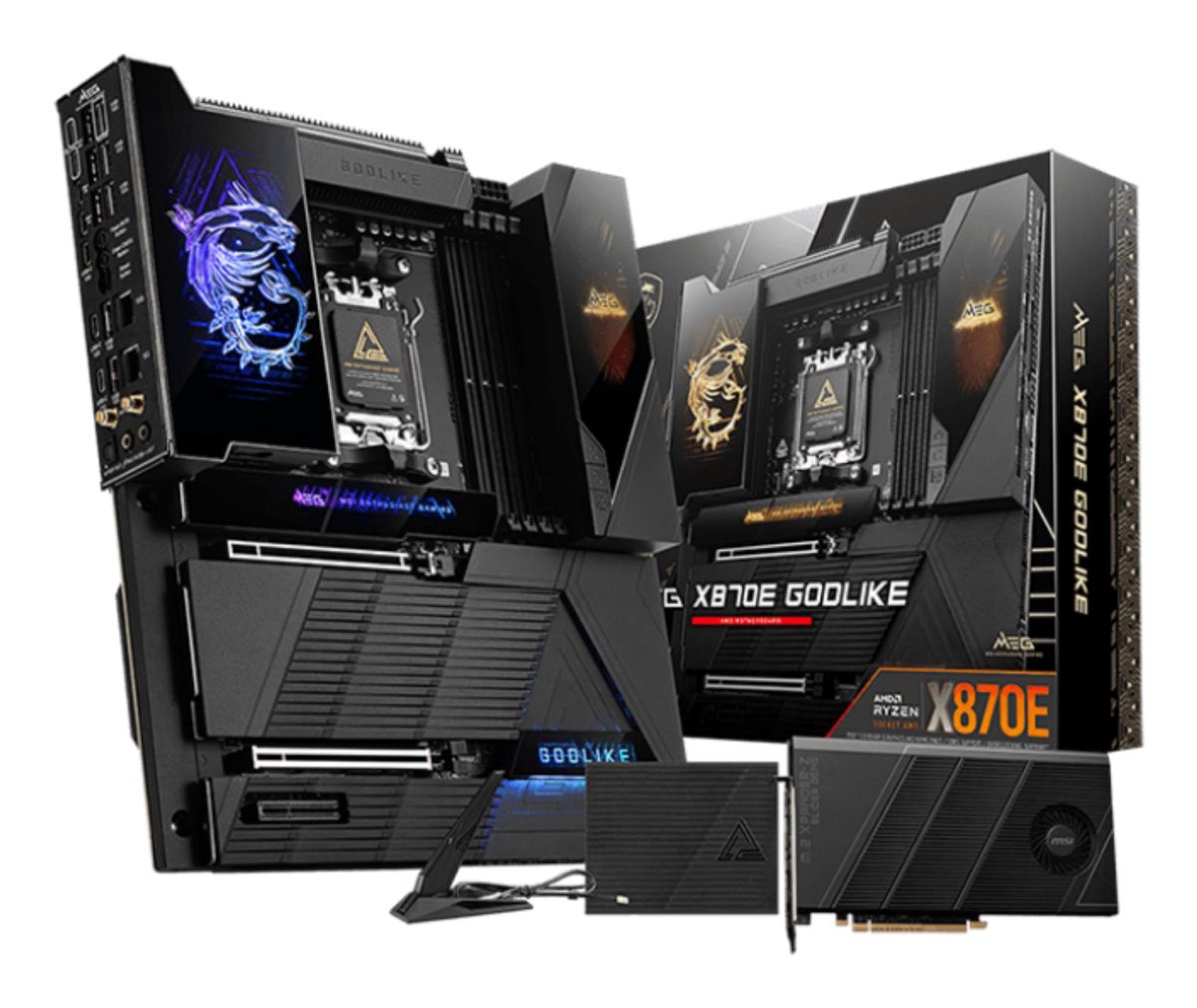 Mainboard, MSI, AMD X870E, SAM5, EATX, Memory DDR5, Memory slots 4, 1xPCI-Express 1x, 2xPCI-Express 16x, 7xM.2, 1xAudio-In, 1xAudio-Out, 4xUSB 2.0, 4xUSB 3.2, 4xUSB-C, 1xOptical S/PDIF, 2xRJ45, 2xAudio port, MEGX870EGODLIKE
