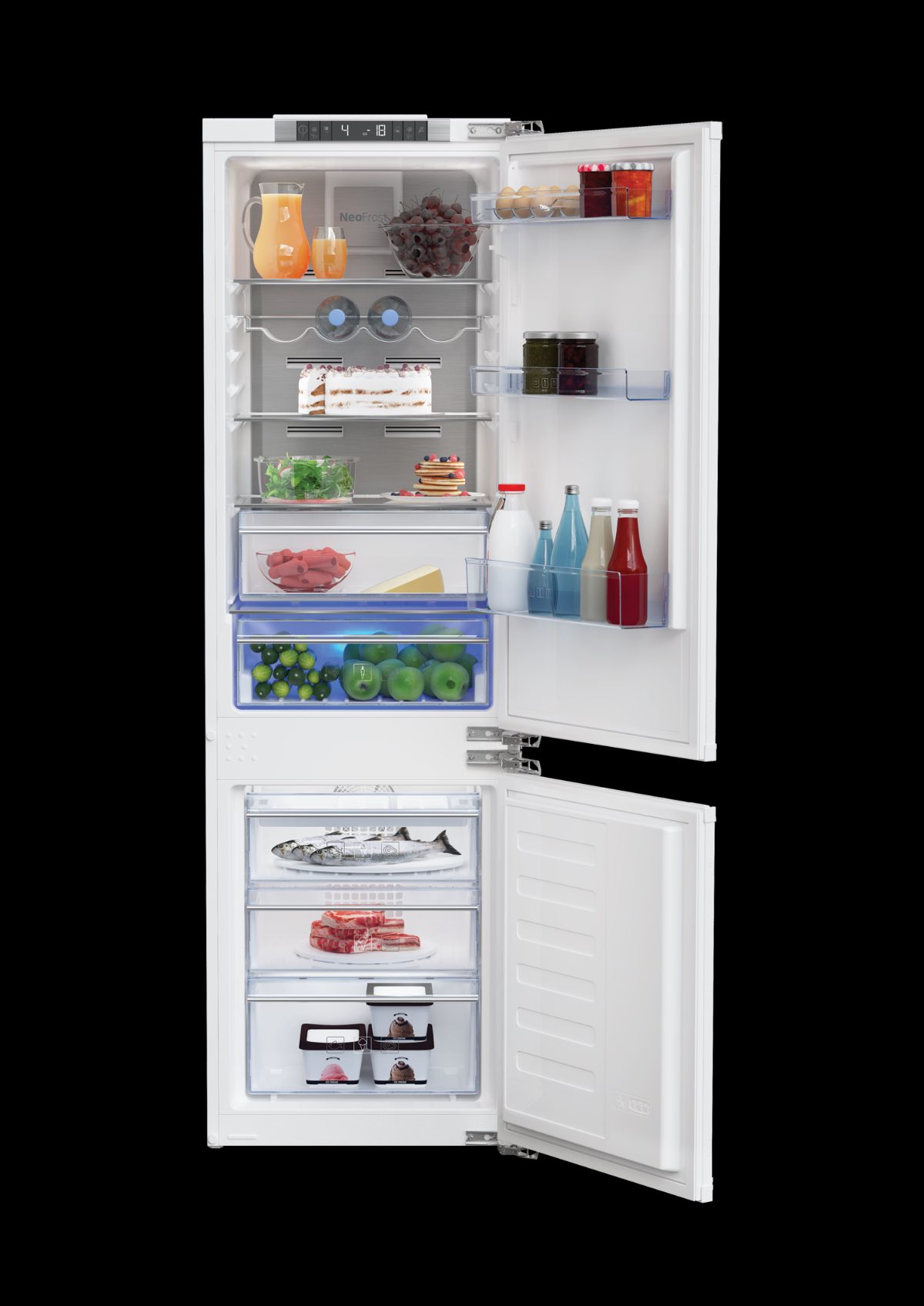 BEKO Refrigerator, BCNA275E4FN, Energy efficiency class E, Built-in, Combi, Height 177.5 cm, No Frost system, Fridge net capacity 185 L, Freezer net capacity 69 L, Display, 38 dB, White
