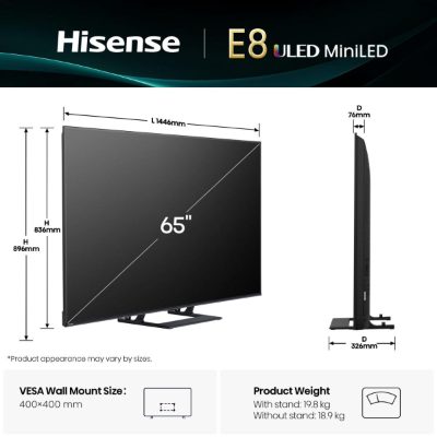 TV Set, HISENSE, 65 ", 4K Ultra HD, 3840 x 2160 pixels, Flat, 16:9, LED, 65E8Q
