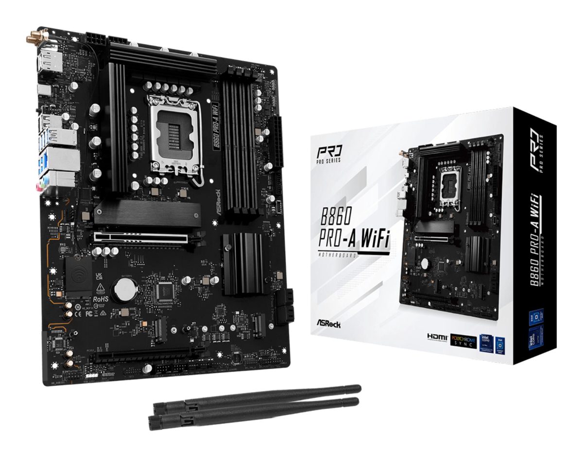 Mainboard, ASROCK, Intel B860 Express, LGA1851, ATX, Memory DDR5, Memory slots 4, 1xPCI-Express 4.0 16x, 1xPCI-Express 5.0 16x, 1xM.2, 1xHDMI, 1xDisplayPort, 1xAudio-In, 1xAudio-Out, 1xMicrophone, 2xUSB 2.0, 6xUSB 3.2, 1xUSB-C, 1xRJ45, B860PRO-AWIFI