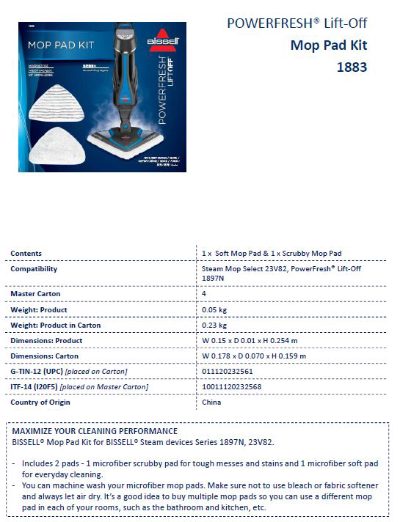 PowerFresh Lift Off steam Mop pads Kit, No ml, 2 pc(s), White