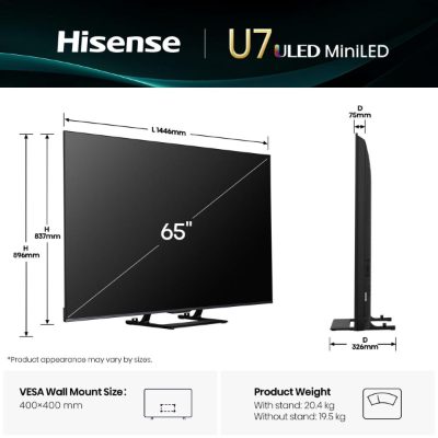 Hisense Mini LED TV, 65U7Q, 65, Smart TV, VIDAA Smart OS, UHD, Black