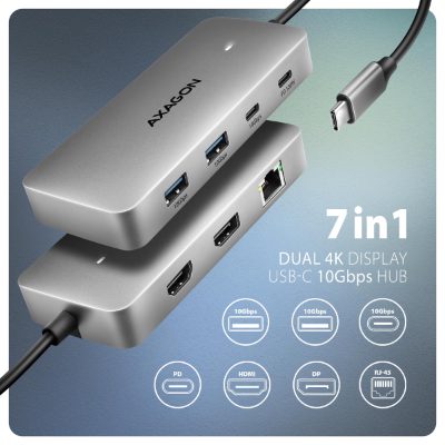 AXAGON USB-C 10Gbps DUAL 4K DISPLAY 7in1 hub, HMC-CUB83X2