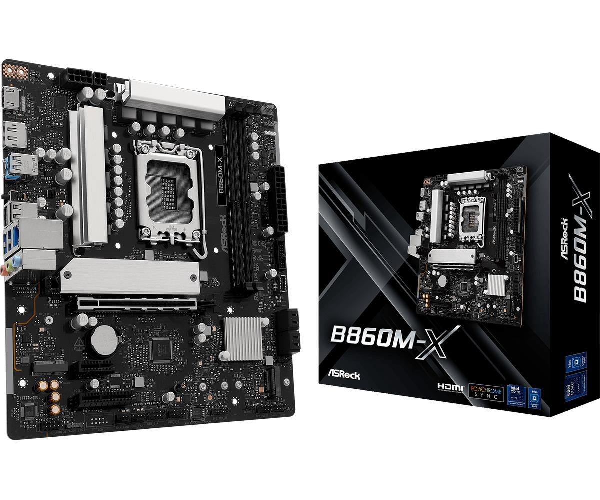 Mainboard, ASROCK, Intel B860 Express, LGA1851, Micro-ATX, Memory DDR5, Memory slots 2, 1xPCI-Express 4.0 1x, 1xPCI-Express 4.0 4x, 1xPCI-Express 4.0 16x, 1xM.2, 1xHDMI, 1xDisplayPort, 1xAudio-In, 1xAudio-Out, 1xMicrophone, 2xUSB 2.0, 3xUSB 3.2, 1xUSB-C, 1xRJ45, B860M-X
