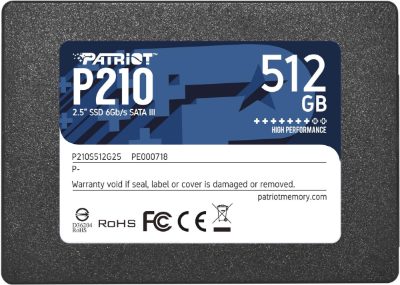 SSD, PATRIOT, P210, 512GB, SATA 3.0, Write speed 430 MBytes/sec, Read speed 520 MBytes/sec, 2,5", TBW 240 TB, P210S512G25