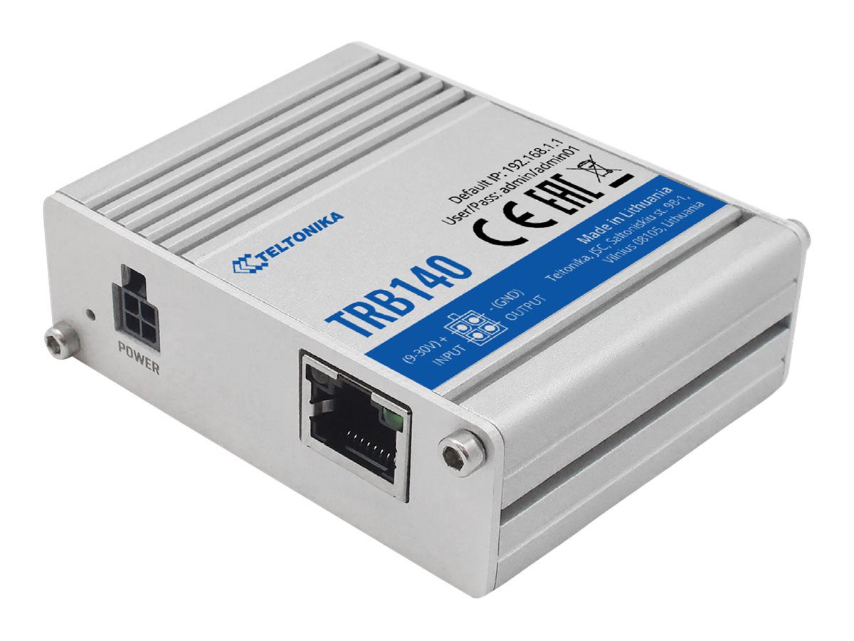 LTE Router, TRB140, No Wi-Fi, 10/100/1000 Mbit/s, Ethernet LAN (RJ-45) ports 1, Mesh Support No, MU-MiMO No, 2G/3G/4G, Antenna type 1 x SMA for LTE, 1 x Virtual network interface via micro USB, 24 month(s)