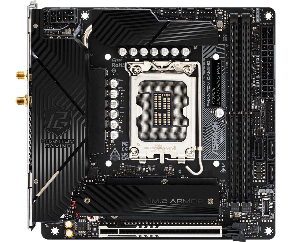 Mainboard, ASROCK, Intel B760 Express, LGA1700, Mini-ITX, Memory DDR5, Memory slots 2, 1xPCI-Express 5.0 16x, 3xM.2, 1xHDMI, 1xDisplayPort, 5xUSB 3.2, 1xUSB-C, 1xOptical S/PDIF, 1xRJ45, 2xAudio port, B760ILIGHTNINGWIFI