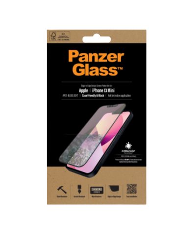 Screen protector, Apple, iPhone 13 Mini, Glass, Black, Anti blue light glass; Antibacterial glass; Protects the entire screen; Crystal clear; 100% touch; Resistant to scratches; Gentle on the eyes; Shock-absorbing, Case friendly