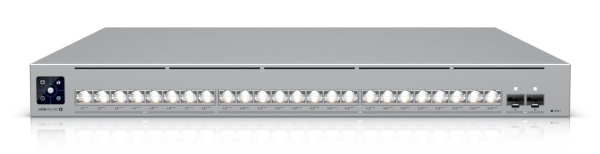 Switch, UBIQUITI, Pro XG 24 PoE, Switch type Managed, Switch layer L2/L3, Rack mounting Yes, Stackable Yes, Form factor 1U, 24xRJ-45 ports, RJ-45 Ports Type 10G Ethernet (100/1000/10000), 8x2.5G Ethernet (copper) ports quantity, 16x10G Ethernet (copper) ports quantity, 2xSFP28 ports quantity, 10G support Yes, Power over Ethernet (PoE) Yes, 24xPower over Ethernet 4PPoE (PoE++) ports quantity, Total Power over Ethernet (PoE) budget 720 W, USW-PRO-XG-24-POE