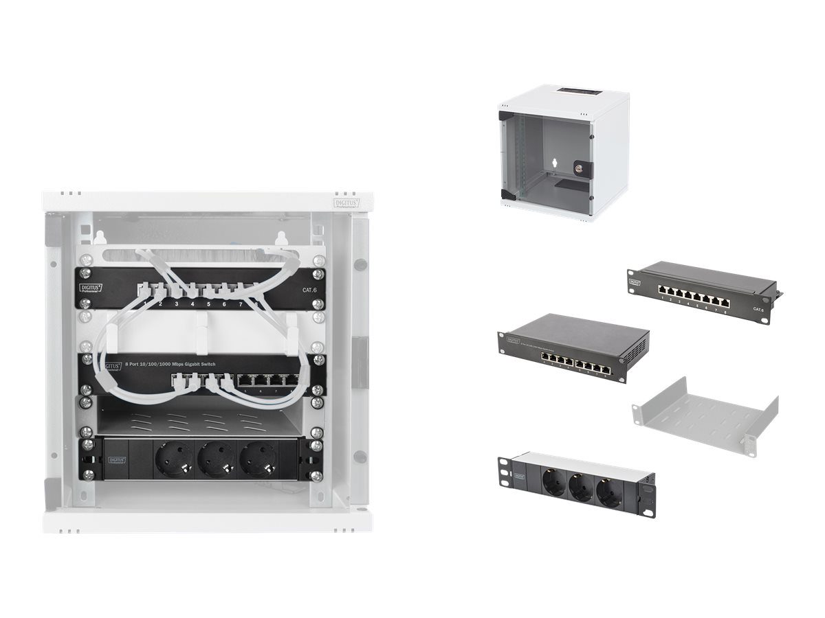 Digitus 10" Network Set, 6U cabinet, shelf, PDU, 8-port switch, CAT 6 patch panel, Grey, Digitus, Network Set, DN-10-SET-1