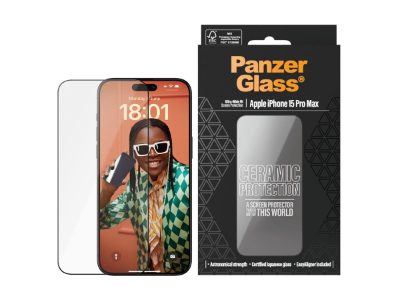 Screen protector, Apple, iPhone 15 Pro Max, Glass, Ceramic, Transparent, Ultra-Wide Fit w. EasyAligner