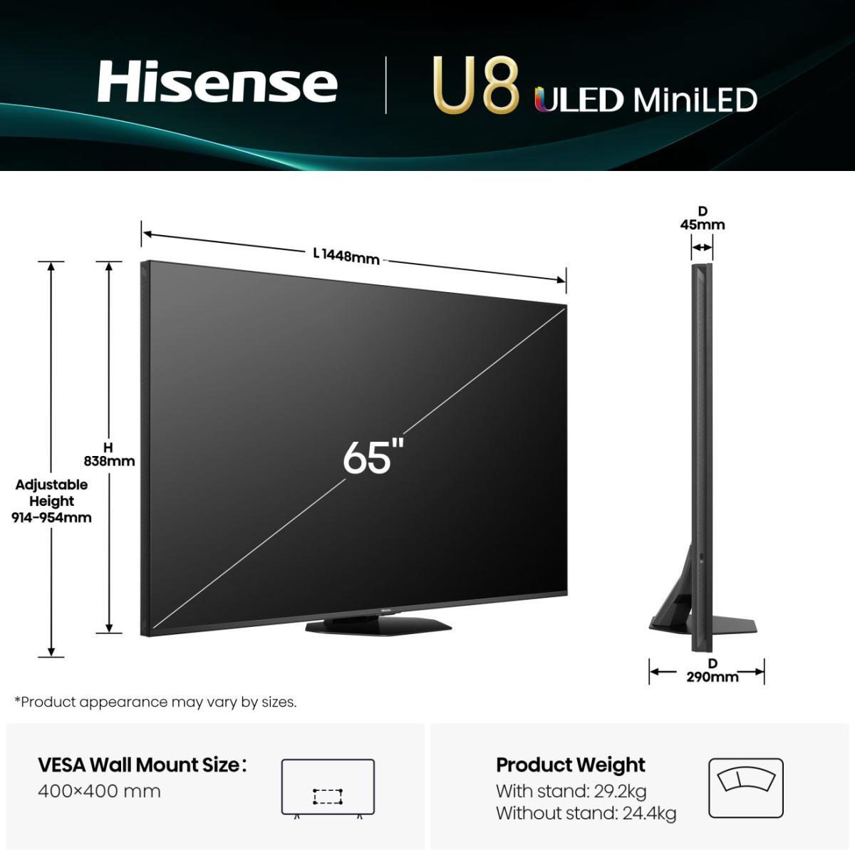 TV Set, HISENSE, 65 ", 4K Ultra HD, 3840 x 2160 pixels, Flat, 16:9, ULED, 65U8Q
