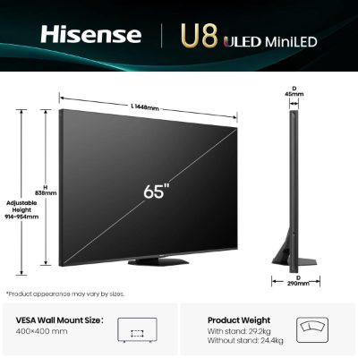 TV Set, HISENSE, 65 ", 4K Ultra HD, 3840 x 2160 pixels, Flat, 16:9, ULED, 65U8Q