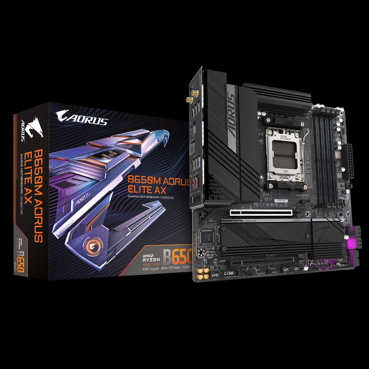 B650M AORUS ELITE AX rev 1.3, Processor family AMD, Processor socket AM5, DDR5 DIMM, Supported hard disk drive interfaces 	SATA, M.2, Number of SATA connectors 4