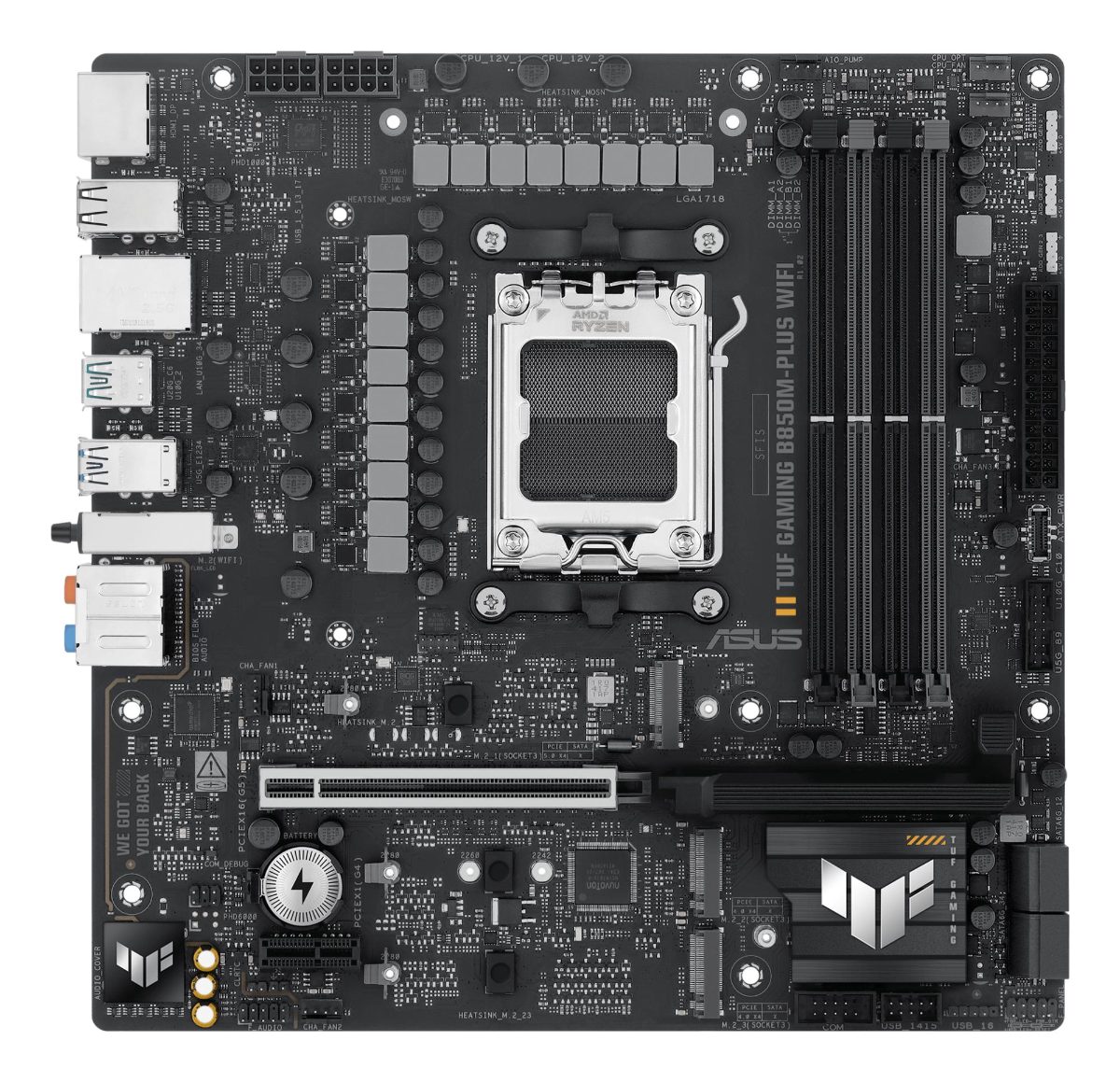 Asus TUF GAMING B850M-PLUS WIFI, Processor family AMD, Processor socket AM5, DDR5, Supported hard disk drive interfaces M.2, SATA, Number of SATA connectors 4