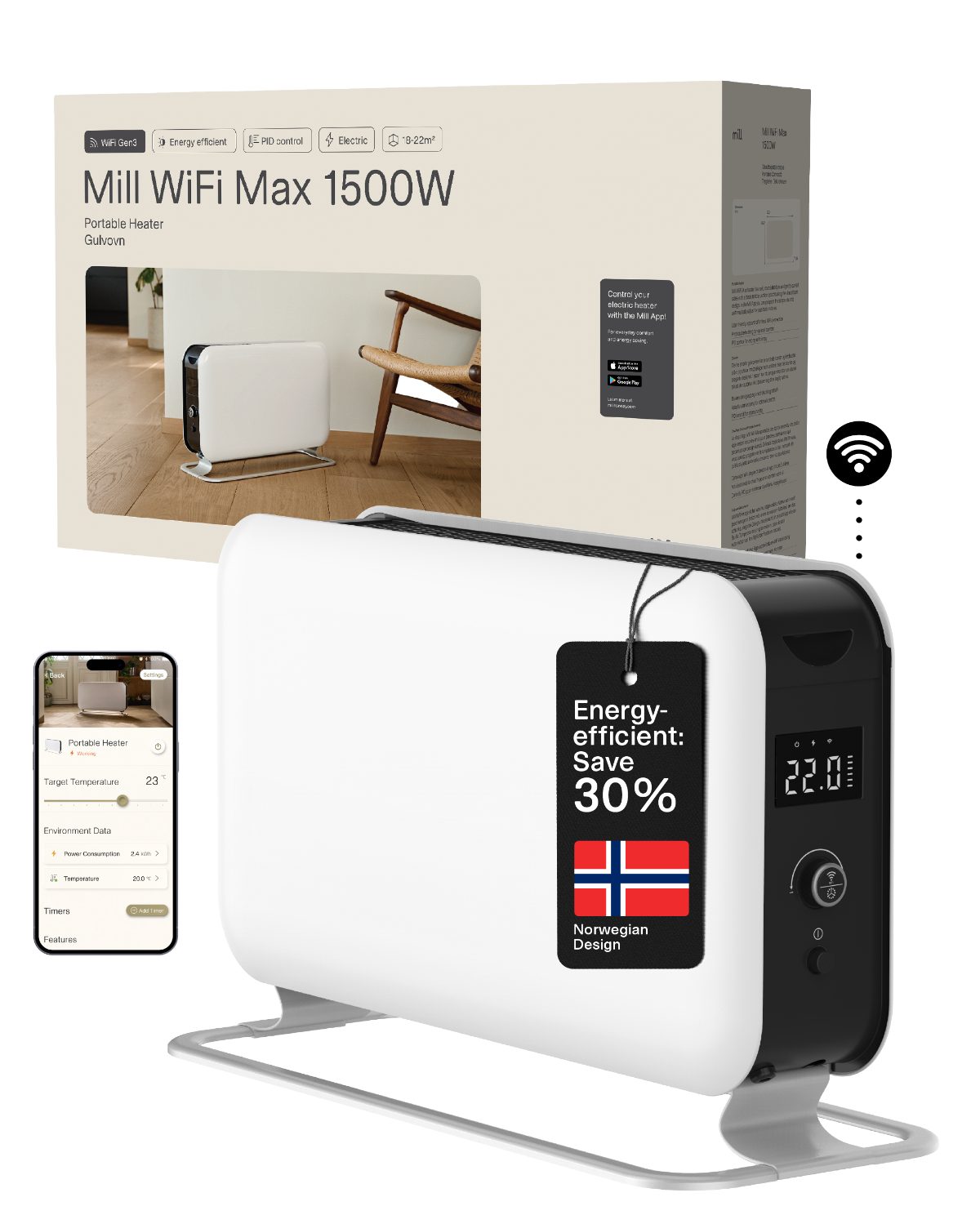 Portable Heater, CO1500MAXWIFI3, Convection Heater, 1500 W, Suitable for rooms up to 14-18 m², White, IPX4