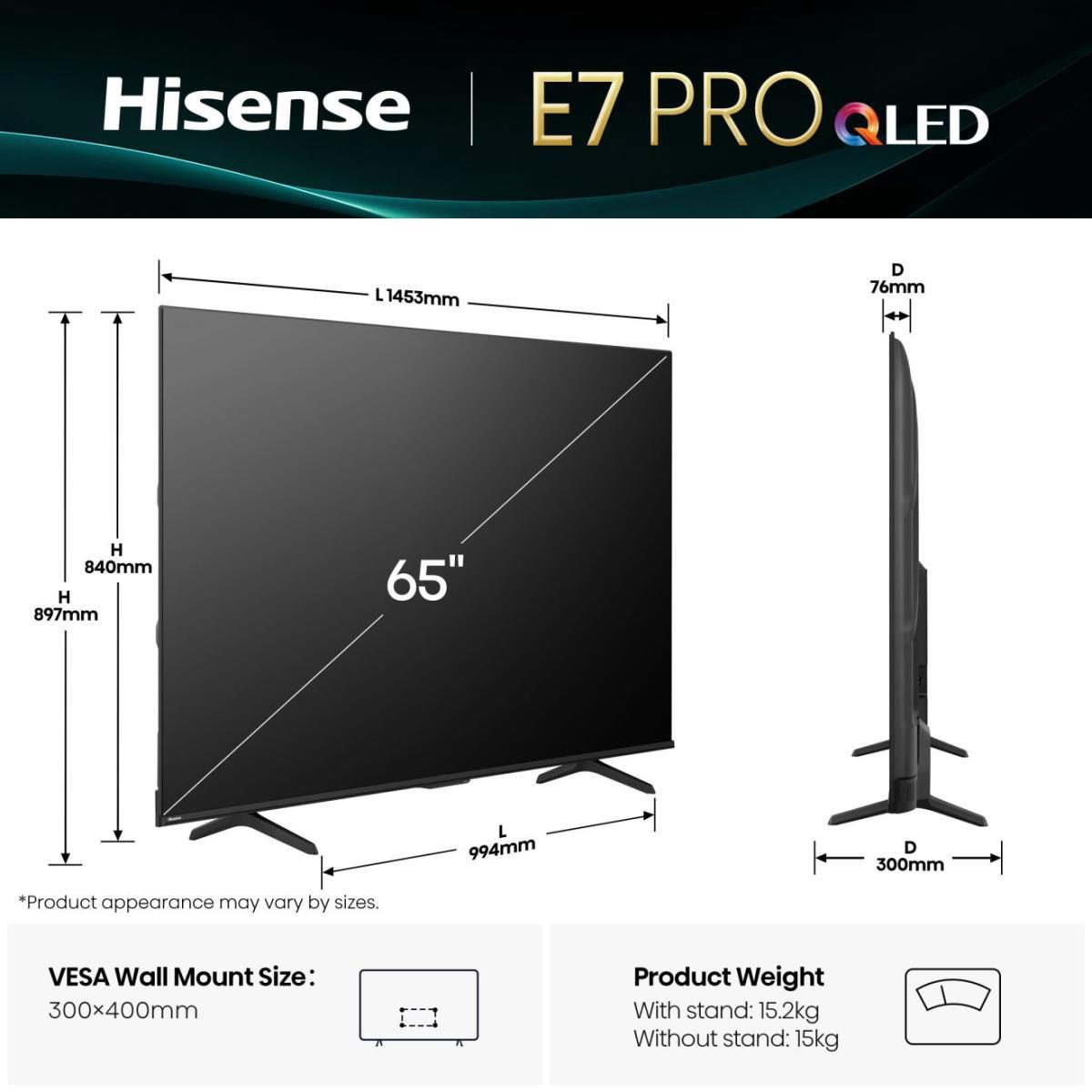 TV Set, HISENSE, 65 ", 4K Ultra HD, 3840 x 2160 pixels, Flat, 16:9, QLED Pro, 65E7QPRO
