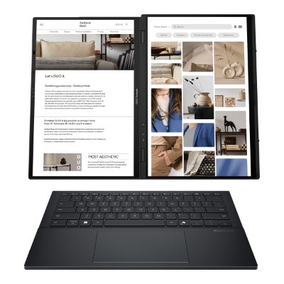 Zenbook Duo UX8406CA-QL287W, Inkwell Gray, 14 ", OLED, Touchscreen, FHD, 1920 x 1200 pixels, Intel Core Ultra 7, 255H, 16 GB, LPDDR5X, Solid-state drive capacity 1000 GB, Intel Arc Graphics, Windows 11 Home, 802.11be, Bluetooth version 5.4, Keyboard language US international, Keyboard backlit, Warranty 24 month(s), Battery warranty 12 month(s)
