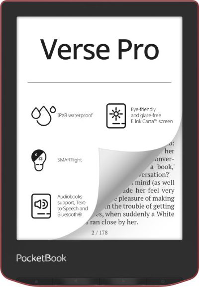 E-Reader, POCKETBOOK, Verse Pro, 6", 1072x1448, 1xUSB-C, Wireless LAN, Bluetooth, Red, PB634-3-WW