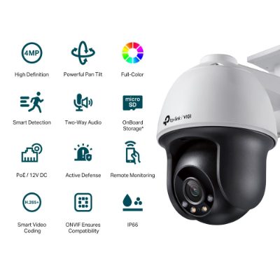 VIGI 4MP Outdoor Full-Color Pan Tilt Network Camera, VIGI C540, Dome, 4 MP, 4 mm, IP66, H.265+/H.265/H.264+/H.264, MicroSD